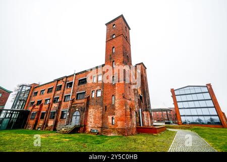 Vista dei vecchi edifici del porto di Wittenberge in una giornata nuvolosa. Foto Stock