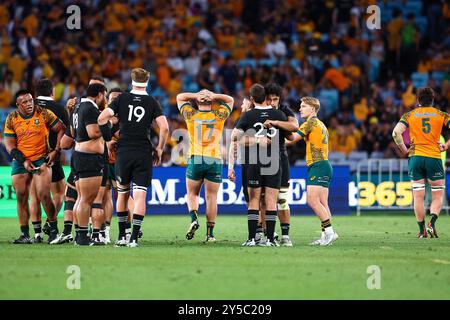 Accor Stadium, Sydney, NSW, Australia. 21 settembre 2024. 2024 Rugby Championship, Bledisloe Cup, Australia contro nuova Zelanda; Australia e nuova Zelanda giocatori alla fine della partita Credit: Action Plus Sports/Alamy Live News Foto Stock