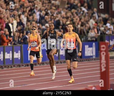 Kévin Borlée e Dylan Borlée del Belgio, Efekemo Okoro della Gran Bretagna gareggiano nei 400 m promozionali maschili alla Diamond League Athletics fi Foto Stock