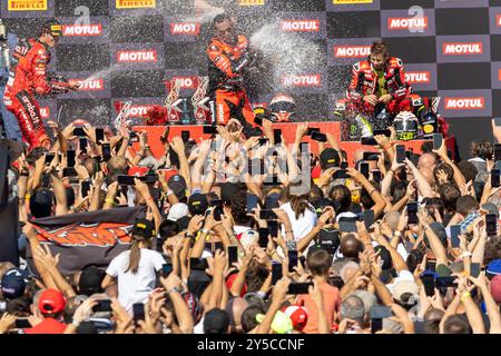 Podio di Race1 durante il Campionato del mondo FIM Superbike Acerbis Italian Round sul circuito di Cremona, San Martino del Lago, Italia, il 21 settembre, durante il round italiano Acerbis, gara mondiale Superbike - SBK a Cremona, Italia, 21 settembre 2024 Foto Stock