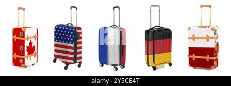 Valigie dipinte con bandiere nazionali di diversi paesi isolate su bianco, set Foto Stock