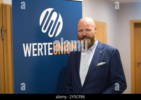 Berlino, Germania. 21 settembre 2024. Bernd Pfeiffer fu eletto presidente alla riunione di fondazione dell'associazione statale di Berlino del Werteunion. Crediti: Paul Zinken/dpa/Alamy Live News Foto Stock