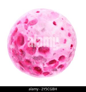 Luna piena. Illustrazione isolata con ritaglio disegnato a mano in acquerello. Simbolo di abbondanza, rinnovamento ciclico, potere occulto, intuizione. Pianeta rotondo rosa. Magico Foto Stock