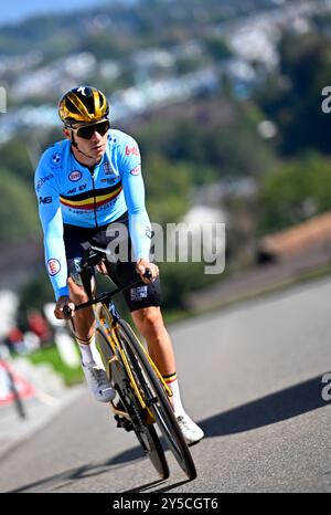 Zurigo, Svizzera. 21 settembre 2024. Remco Evenepoel belga nella foto durante una sessione di allenamento e ricognizione in pista, davanti ai Campionati del mondo di ciclismo su strada e strada UCI 2024, sabato 21 settembre 2024, a Zurigo, Svizzera. I Mondi si svolgono dal 21 al 29 settembre. BELGA PHOTO JASPER JACOBS credito: Belga News Agency/Alamy Live News Foto Stock