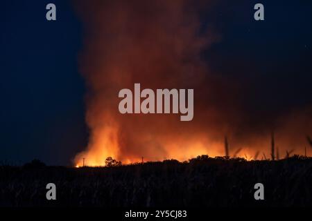 Un incendio bruciato di notte nelle Flint Hills del Kansas orientale Foto Stock