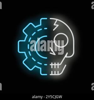 Icona al neon luminosa di un ingranaggio e di un cranio che rappresenta il pericolo dell'intelligenza artificiale Illustrazione Vettoriale