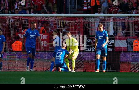 Berlino, Germania. 21 settembre 2024. 21.09.2024, an der Alten Forsterei, Berlin, GER, 1.FBL, Union Berlin vs TSG 1899 Hoffenheim, DFL regolamenti vietano qualsiasi uso di fotografie come sequenze di immagini e/o quasi-video. Nella foto credito: dpa/Alamy Live News Foto Stock