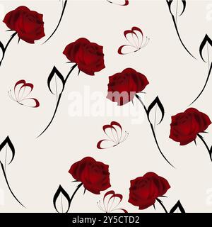 Rose di velluto rosso con farfalle, motivo senza cuciture. Illustrazione Vettoriale