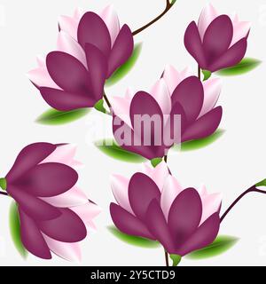 Motivo senza cuciture con fiori di magnolia su sfondo bianco. Illustrazione Vettoriale