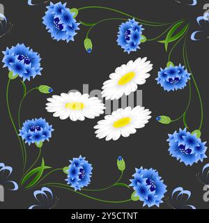 Fiori di mais blu con farfalle e camomille su sfondo nero, motivo senza cuciture. Illustrazione Vettoriale