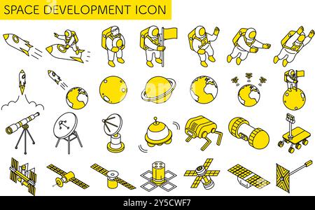 Semplici disegni lineari di astronauti, satelliti e altri sviluppi spaziali, set di illustrazioni isometriche, illustrazione vettoriale Illustrazione Vettoriale