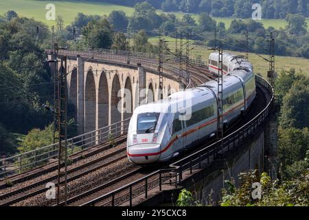 Eisenbahnverkehr auf dem Eisenbahnviadukt Altenbeken. Intercity Express Zug ICE4 der Deutschen Bahn Altenbeken, Nordrhein-Westfalen, DEU, Deutschland, 03.09.2024 *** traffico ferroviario sul viadotto ferroviario Altenbeken Intercity Express train ICE4 della Deutsche Bahn Altenbeken, Renania settentrionale-Vestfalia, DEU, Germania, 03 09 2024 Foto Stock