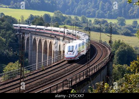 Eisenbahnverkehr auf dem Eisenbahnviadukt Altenbeken. Intercity Express Zug ICE4 der Deutschen Bahn Altenbeken, Nordrhein-Westfalen, DEU, Deutschland, 03.09.2024 *** traffico ferroviario sul viadotto ferroviario Altenbeken Intercity Express train ICE4 della Deutsche Bahn Altenbeken, Renania settentrionale-Vestfalia, DEU, Germania, 03 09 2024 Foto Stock