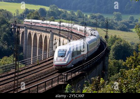 Eisenbahnverkehr auf dem Eisenbahnviadukt Altenbeken. Intercity Express Zug ICE4 der Deutschen Bahn Altenbeken, Nordrhein-Westfalen, DEU, Deutschland, 03.09.2024 *** traffico ferroviario sul viadotto ferroviario Altenbeken Intercity Express train ICE4 della Deutsche Bahn Altenbeken, Renania settentrionale-Vestfalia, DEU, Germania, 03 09 2024 Foto Stock