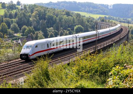 Eisenbahnverkehr auf dem Eisenbahnviadukt Altenbeken. Intercity Express Zug ICE2 der Deutschen Bahn Altenbeken, Nordrhein-Westfalen, DEU, Deutschland, 03.09.2024 *** traffico ferroviario sul viadotto ferroviario Altenbeken Intercity Express train ICE2 della Deutsche Bahn Altenbeken, Renania settentrionale-Vestfalia, DEU, Germania, 03 09 2024 Foto Stock