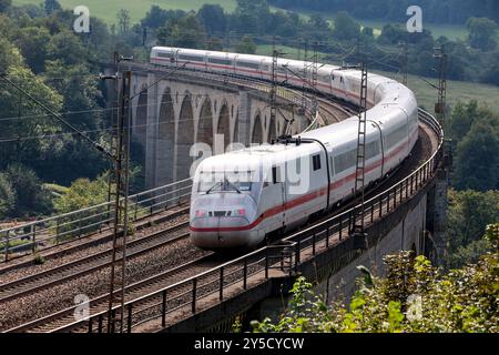 Eisenbahnverkehr auf dem Eisenbahnviadukt Altenbeken. Intercity Express Zug ICE2 der Deutschen Bahn Altenbeken, Nordrhein-Westfalen, DEU, Deutschland, 03.09.2024 *** traffico ferroviario sul viadotto ferroviario Altenbeken Intercity Express train ICE2 della Deutsche Bahn Altenbeken, Renania settentrionale-Vestfalia, DEU, Germania, 03 09 2024 Foto Stock