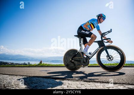 Zurigo, Svizzera. 21 settembre 2024. Robin Orins belga, in azione durante i Campionati del mondo di ciclismo su strada e strada UCI 2024, sabato 21 settembre 2024, a Zurigo, Svizzera. I Mondi si svolgono dal 21 al 29 settembre. BELGA PHOTO JASPER JACOBS credito: Belga News Agency/Alamy Live News Foto Stock