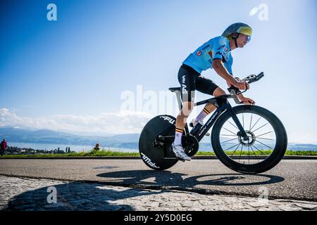 Zurigo, Svizzera. 21 settembre 2024. Il belga Noah Vandenbranden è stato raffigurato in azione durante i Campionati del mondo di ciclismo su strada e strada UCI 2024, sabato 21 settembre 2024, a Zurigo, Svizzera. I Mondi si svolgono dal 21 al 29 settembre. BELGA PHOTO JASPER JACOBS credito: Belga News Agency/Alamy Live News Foto Stock