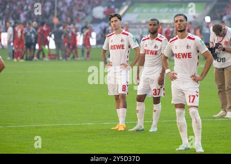 Dusseldorf, Germania. 21 settembre 2024. Denis HUSEINBASIC (K, 8), Linton MAINA (K, 37) e Leart PACARADA (K, 17), delusione, frustrata, dopo la partita; calcio 2. Bundesliga stagione 2024/2025, 6.partita, 6.giorno 6, fortuna Dusseldorf (D) - FC Cologne (K) 2-2, Dusseldorf vs Koln, F95 vs KOE, il 21.09.2024, M erkur S pielarena crediti: dpa/Alamy Live News Foto Stock