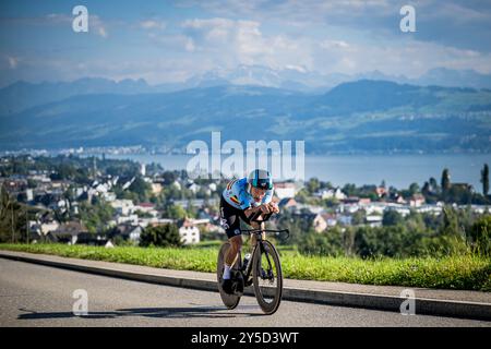 Zurigo, Svizzera. 21 settembre 2024. Victor Campenaerts belga in azione durante una sessione di addestramento e ricognizione in pista, davanti ai Campionati del mondo di ciclismo su strada e strada UCI 2024, sabato 21 settembre 2024, a Zurigo, Svizzera. I Mondi si svolgono dal 21 al 29 settembre. BELGA PHOTO JASPER JACOBS credito: Belga News Agency/Alamy Live News Foto Stock