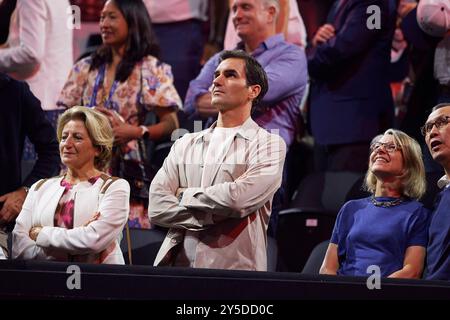 Berlino, Germania. 21 settembre 2024. BERLINO, GERMANIA - 21 SETTEMBRE: Roger Federer durante la partita dei singoli maschili del secondo giorno della Laver Cup all'Uber Arena il 21 settembre 2024 a Berlino, Germania. (Foto di Francisco Macia/Photo Players Images/Magara Press) crediti: Magara Press SL/Alamy Live News Foto Stock