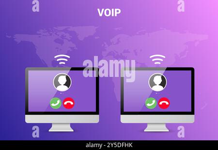 Concetto di tecnologia di comunicazione VoIP. Chiamata Voice over Internet Protocol sullo schermo di una chiamata digitale online Illustrazione Vettoriale