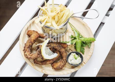 Fritto ottpus di pesce con anelli di calamari con patatine fritte e stuzzichini Foto Stock