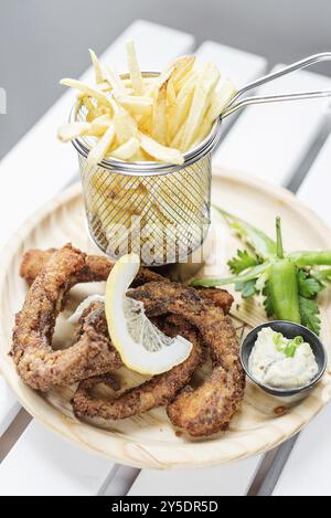 Fritto ottpus di pesce con anelli di calamari con patatine fritte e stuzzichini Foto Stock