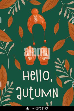 Salve illustrazione autunnale su sfondo verde. Banner autunnale, tessera, invito. Cappello arancione, guantoni e foglie d'arancia autunnale su un verde Illustrazione Vettoriale