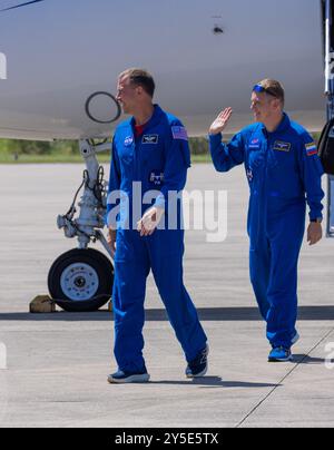 Kennedy Space Center, Stati Uniti. 21 settembre 2024. Alle 13:30 EDT21 settembre 2024 NASA SpaceX Crew 9 due astronauti cosmonauti sono arrivati allo Shuttle Landing Facility per osservazioni e domande sui media al Kennedy Space Center Shuttle Landing Facility, Brevard County, Florida USA. (Foto di Scott Schilke/SipaUSA.com) credito: SIPA USA/Alamy Live News Foto Stock