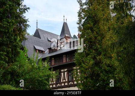 Castelli di Peles e Pelisor in autunno nella foresta di Sinaia, Transilvania, Romania Foto Stock