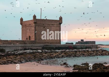 La magia dell'ora d'oro a Essaouira, passeggiando per le affascinanti strade e assistendo al tramonto mozzafiato sull'Atlantico, in Marocco Foto Stock