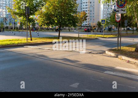 simbolo a strisce stradali segnaletica per il trasporto su asfalto barriera per la velocità della strada struttura del traffico Foto Stock