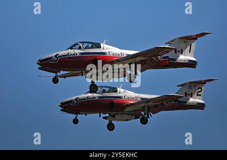 I jet Tutor CT-114 delle Canadian Forces Snowbirds si preparano ad atterrare all'aeroporto Pearson di Toronto dopo uno spettacolo al Canadian International Air Show. Foto Stock