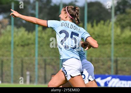 21 settembre 2024, Stadio Mirko Fersini, Formello (Roma), Italia; calcio femminile di serie A; Lazio contro Juventus; Eleonora Goldoni del SS Lazio giubila dopo aver segnato il gol 1-1 al 28° minuto Foto Stock