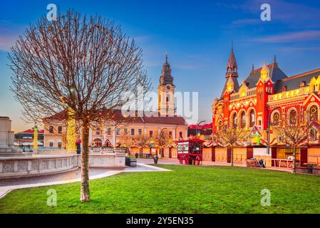 Oradea, Romania. Mercatino di Natale in Union Square, luci scintillanti e decorazioni natalizie, atmosfera accogliente durante la stagione invernale. Foto Stock