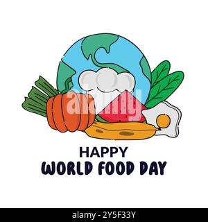 Poster della giornata mondiale del cibo che include cibi, frutta e verdura circondati da tutto il mondo Illustrazione Vettoriale