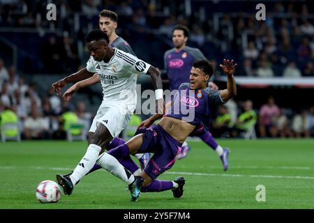 Madrid, spagnolo. 21 settembre 2024. Madrid, Spagna; 21/09/2024.- Vinicius Jr. Segna gol. Real Madrid vs Espanyol 6° giorno della Lega calcistica spagnola tenutasi allo stadio Santiago Bernabéu nella capitale del Regno di Spagna. Il Real Madrid batte l'Espanyol 4-1 con gol di Dani Carvajal, Rodrygo Goes, Vinícius Júnior e Kylian Mbappé crediti: Juan Carlos Rojas/dpa/Alamy Live News Foto Stock