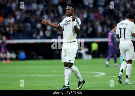 Madrid, spagnolo. 21 settembre 2024. Madrid, Spagna; 21/09/2024.- Vinicius Jr. Segna gol. Real Madrid vs Espanyol 6° giorno della Lega calcistica spagnola tenutasi allo stadio Santiago Bernabéu nella capitale del Regno di Spagna. Il Real Madrid batte l'Espanyol 4-1 con gol di Dani Carvajal, Rodrygo Goes, Vinícius Júnior e Kylian Mbappé crediti: Juan Carlos Rojas/dpa/Alamy Live News Foto Stock