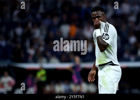 Madrid, spagnolo. 21 settembre 2024. Madrid, Spagna; 21/09/2024.- Vinicius Jr. Segna gol. Real Madrid vs Espanyol 6° giorno della Lega calcistica spagnola tenutasi allo stadio Santiago Bernabéu nella capitale del Regno di Spagna. Il Real Madrid batte l'Espanyol 4-1 con gol di Dani Carvajal, Rodrygo Goes, Vinícius Júnior e Kylian Mbappé crediti: Juan Carlos Rojas/dpa/Alamy Live News Foto Stock