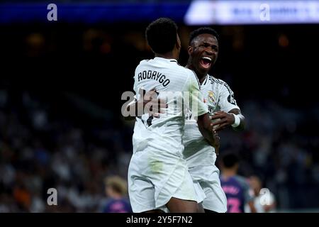 Madrid, spagnolo. 21 settembre 2024. Madrid, Spagna; 21/09/2024.- Rodrygo segna gol. Real Madrid vs Espanyol 6° giorno della Lega calcistica spagnola tenutasi allo stadio Santiago Bernabéu nella capitale del Regno di Spagna. Il Real Madrid batte l'Espanyol 4-1 con gol di Dani Carvajal, Rodrygo Goes, Vinícius Júnior e Kylian Mbappé crediti: Juan Carlos Rojas/dpa/Alamy Live News Foto Stock
