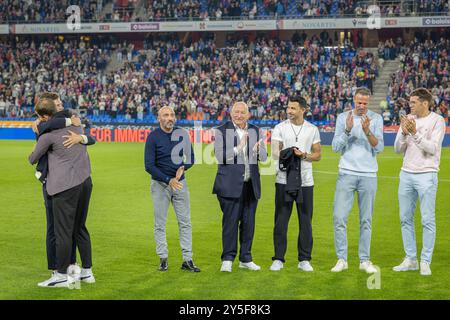 Basilea, Svizzera. 21 settembre 2024. Basilea, Svizzera, 21 settembre 2024: Adozione a Fabian Frei prima della partita di Super League tra FC Basel 1893 e FC Zurigo al St. Jakob Park di Basilea, Svizzera. Philipp Kresnik (Philipp Kresnik/SPP) credito: SPP Sport Press Photo. /Alamy Live News Foto Stock