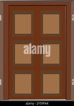 Illustrazione della portiera anteriore in legno marrone. Porta esterna dell'edificio. Icona della porta di legno chiusa. Illustrazione vettoriale cartoni animati. Animazione delle portiere. Illustrazione Vettoriale