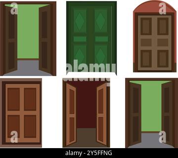 Set di icone vettoriali piatte delle portiere anteriori dettagliate. Illustrazioni vettoriali disegnate a mano - vecchie porte d'epoca. Porta Vector Vector d'epoca ingresso ascensore Illustrazione Vettoriale