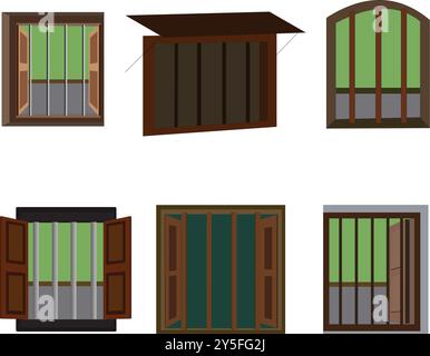 Collezione di finestre in legno con colori e design diversi. Aprire il set di finestre. Elemento di casa del villaggio indiano isolato su sfondo bianco Illustrazione Vettoriale