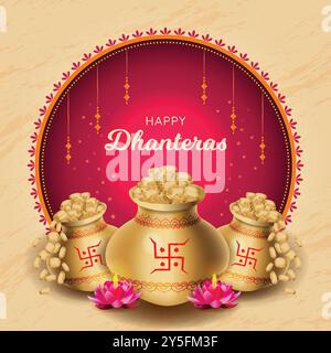 Illustrazione vettoriale del poster del festival Happy Dhanteras. Monete d'oro, vaso d'oro per la grafica della stagione Diwali. Design decorato di mandala. Post sui social media, g Illustrazione Vettoriale