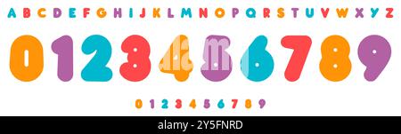 Carattere arrotondato giocoso, colori vivaci, design divertente e coinvolgente per prodotti per bambini, confezione giocattolo, materiale didattico, marchio sportivo per bambini, numeri di maglia Illustrazione Vettoriale