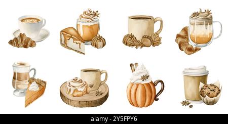 Bevande autunnali e dessert di pasticceria Clipart. Set di dolci e bevande autunnali. Illustrazione degli alimenti ad acquerello isolata su sfondo bianco per Thanksgivin Foto Stock