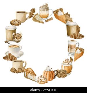 Bevande autunnali e dessert di pasticceria Wreath. Dolci e bevande autunnali. Illustrazione degli alimenti ad acquerello isolata su sfondo bianco per il Ringraziamento e fa Foto Stock