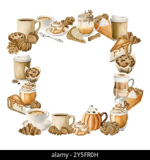 Cocktail autunnali e dessert di pasticceria Frame. Dolci e bevande autunnali. Illustrazione degli alimenti ad acquerello isolata su sfondo bianco per il Ringraziamento e fal Foto Stock